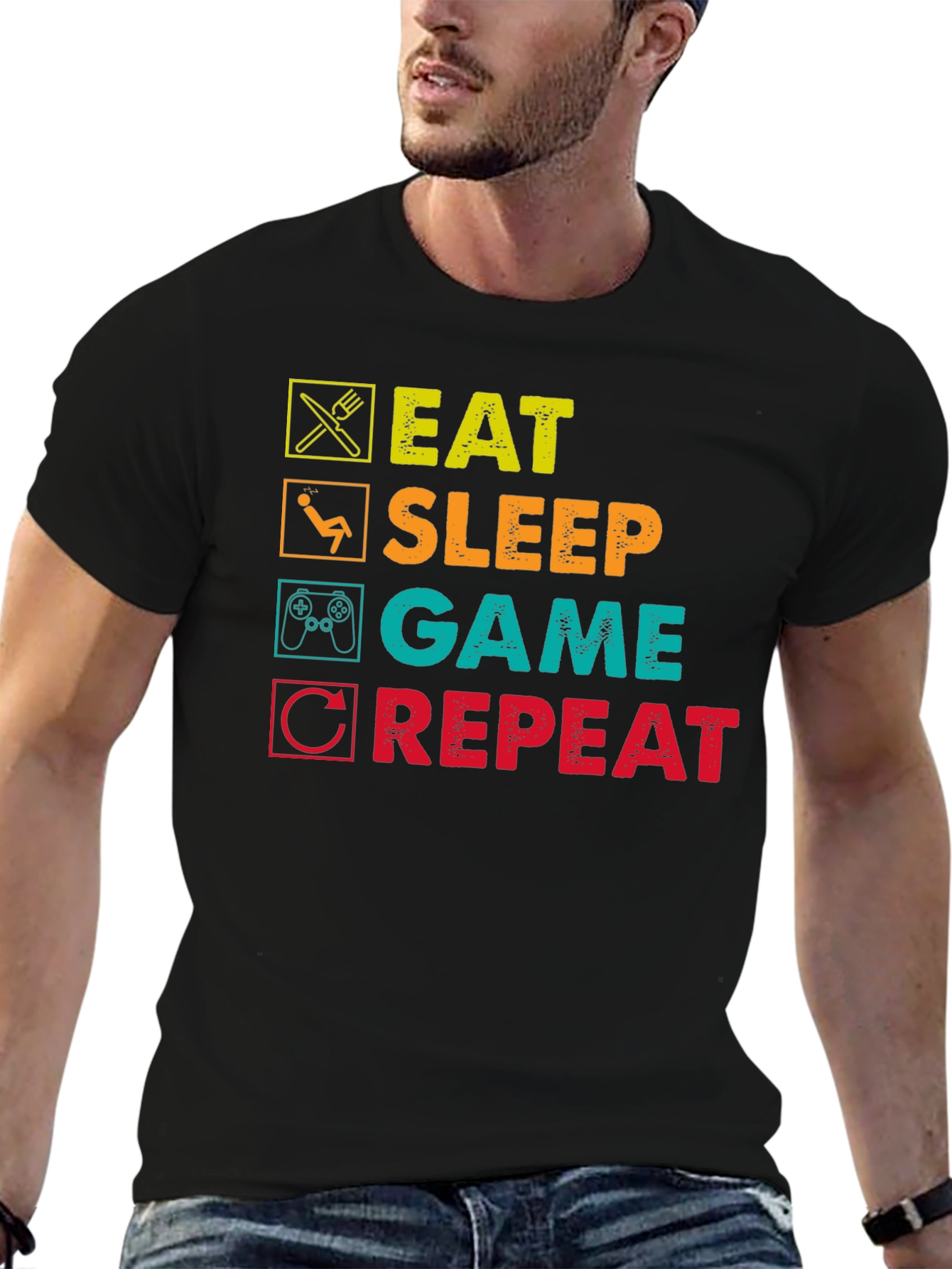 Eat Sleep Game Repeat Graphic T-Shirt - Black
