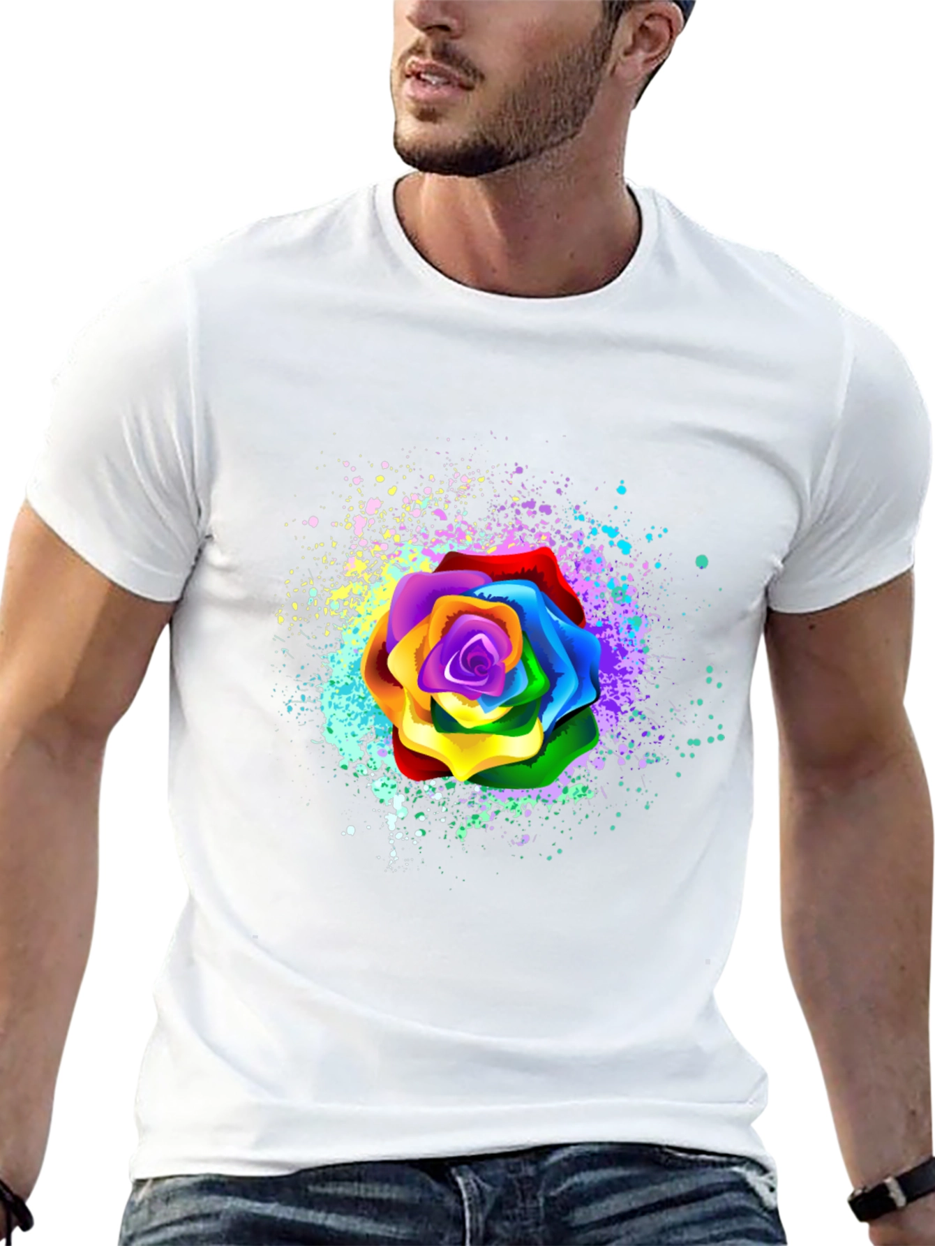 Rainbow Rose Splatter Graphic Tee - Unique Design