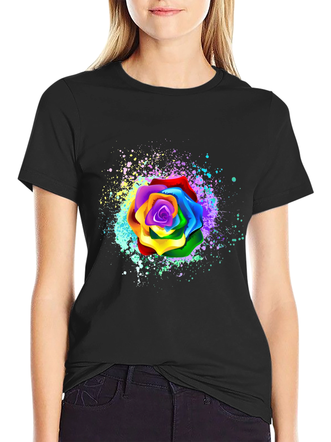 Rainbow Rose Splatter Graphic Tee - Unique Design