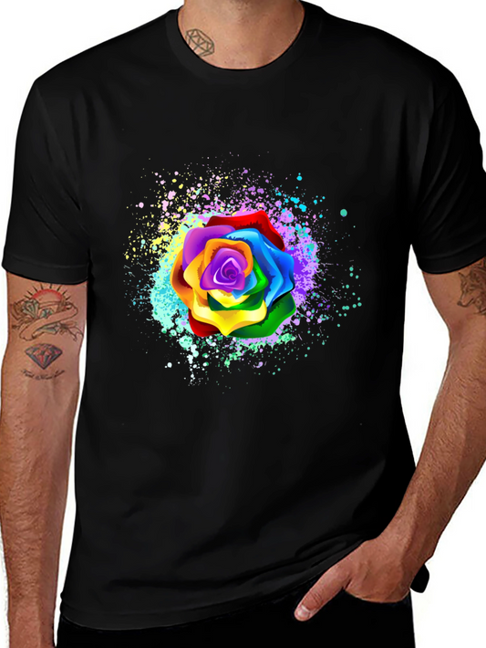 Rainbow Rose Splatter Graphic Tee - Unique Design