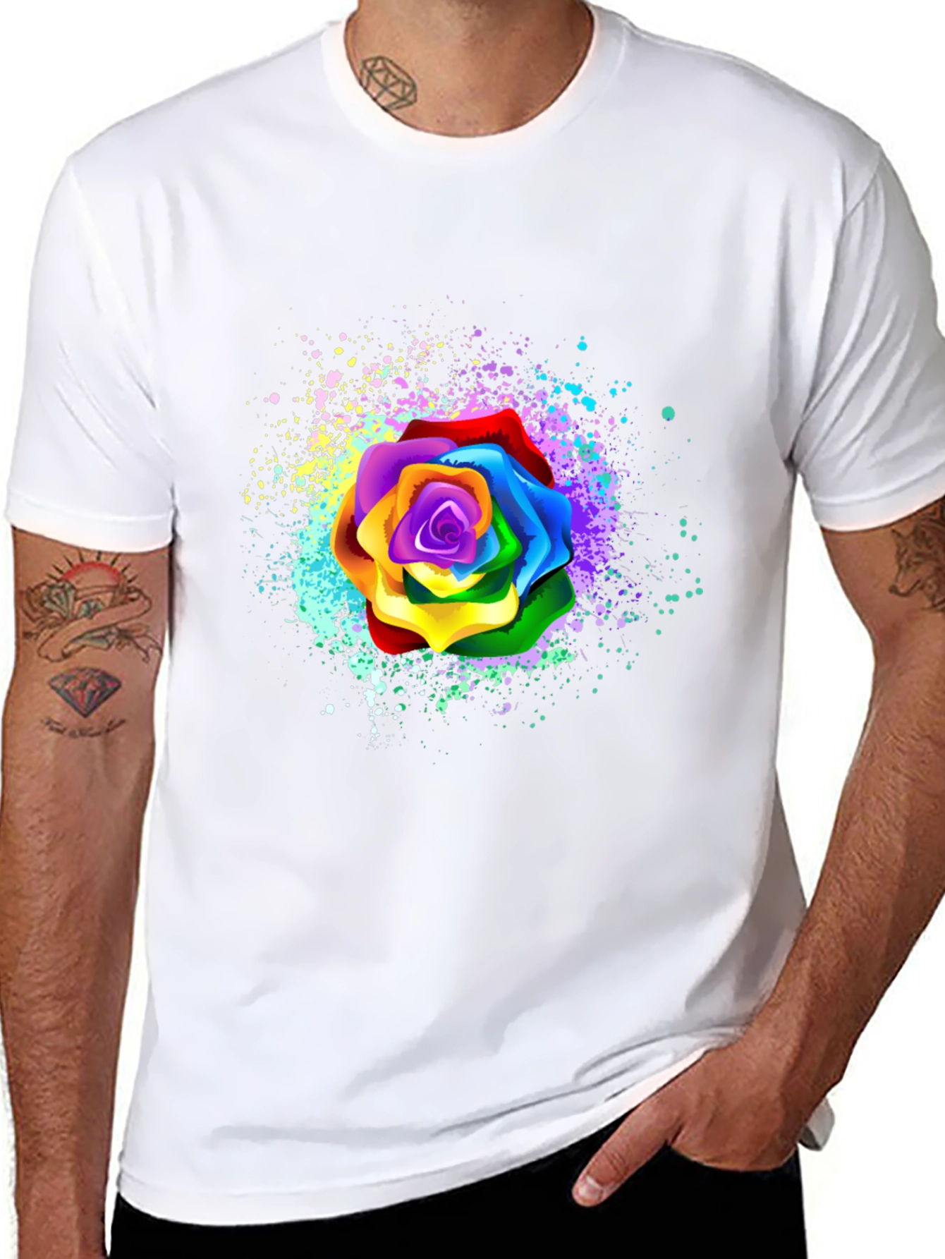 Rainbow Rose Splatter Graphic Tee - Unique Design