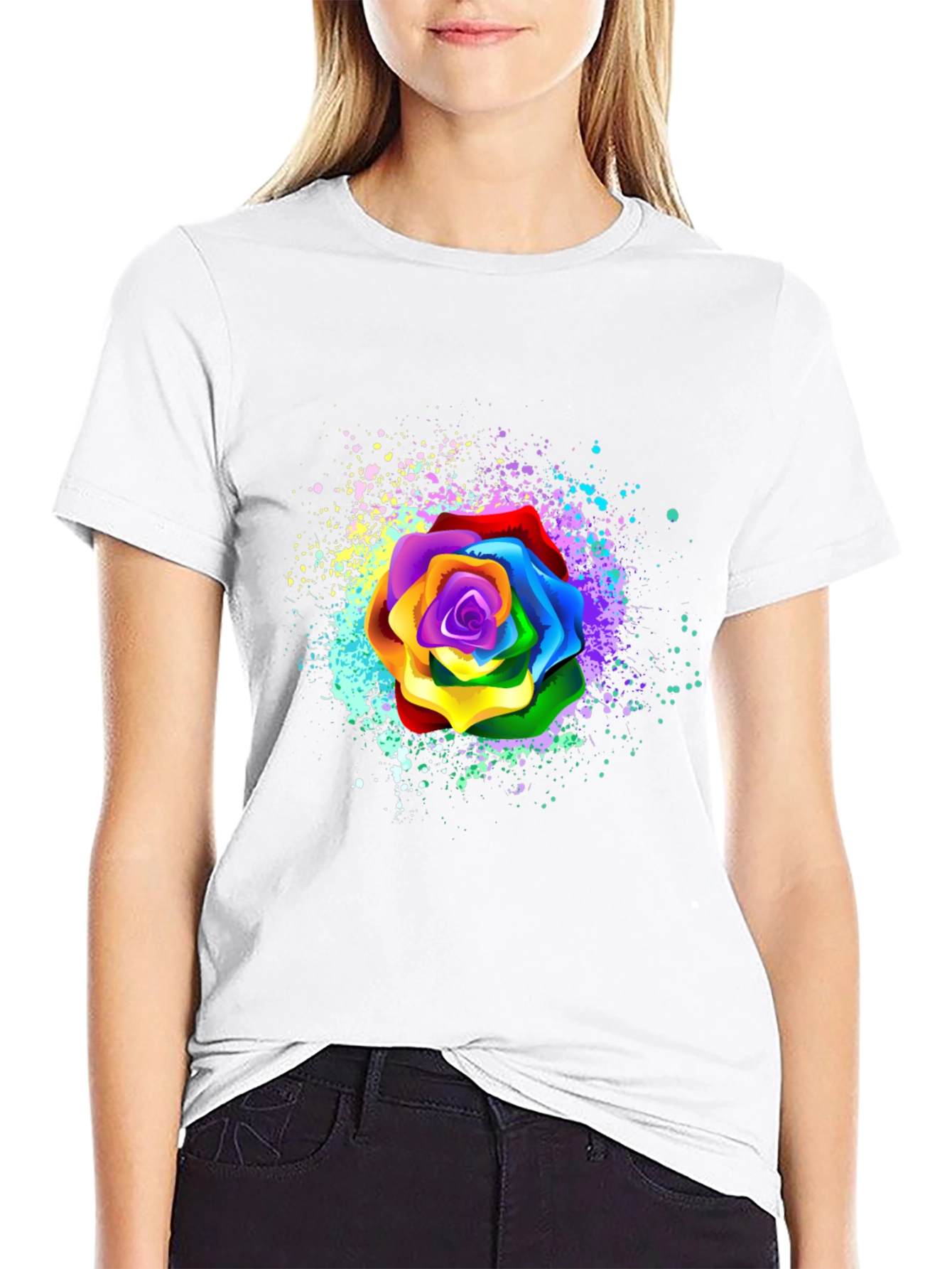 Rainbow Rose Splatter Graphic Tee - Unique Design