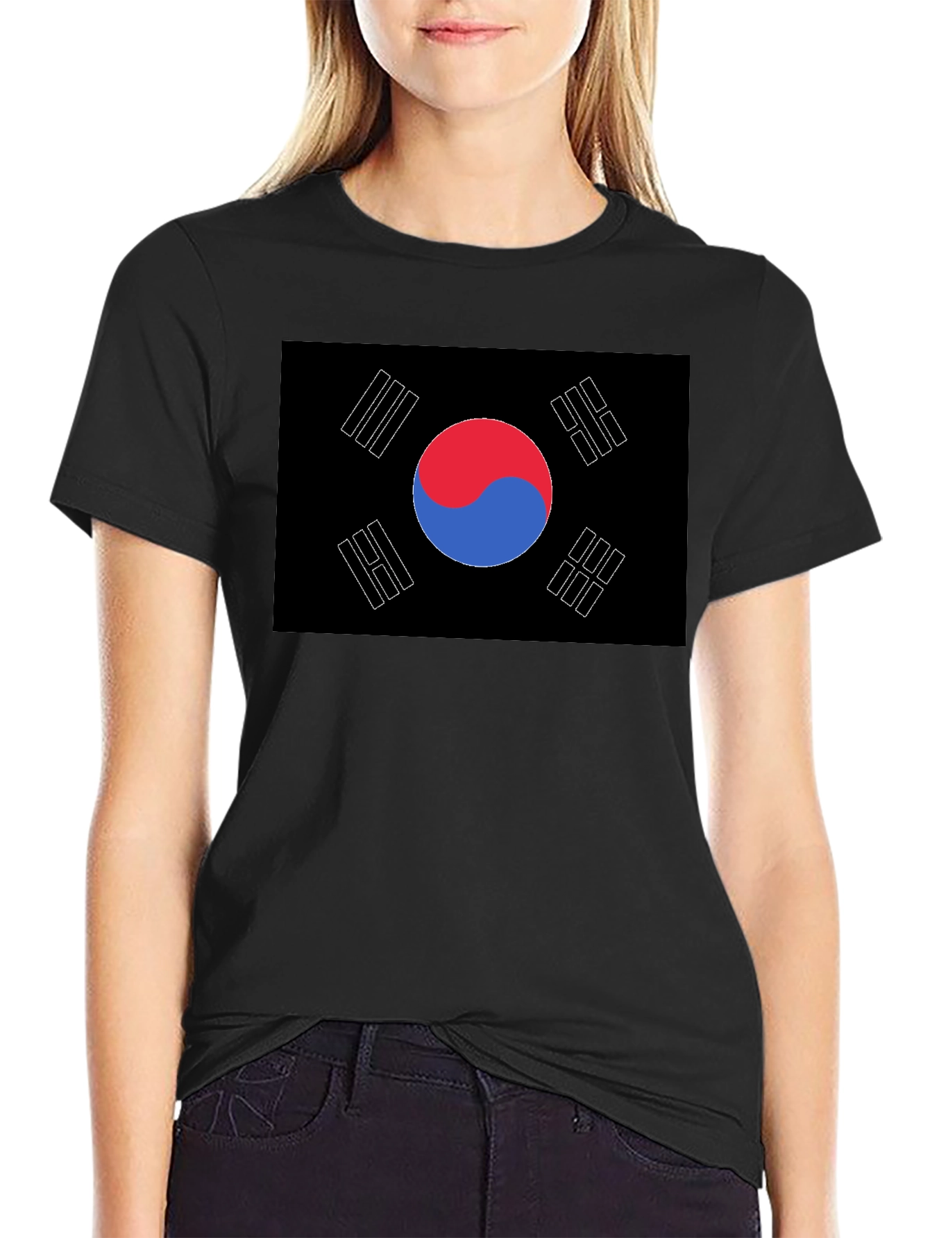 South Korea Flag T-Shirt Black Crew Neck