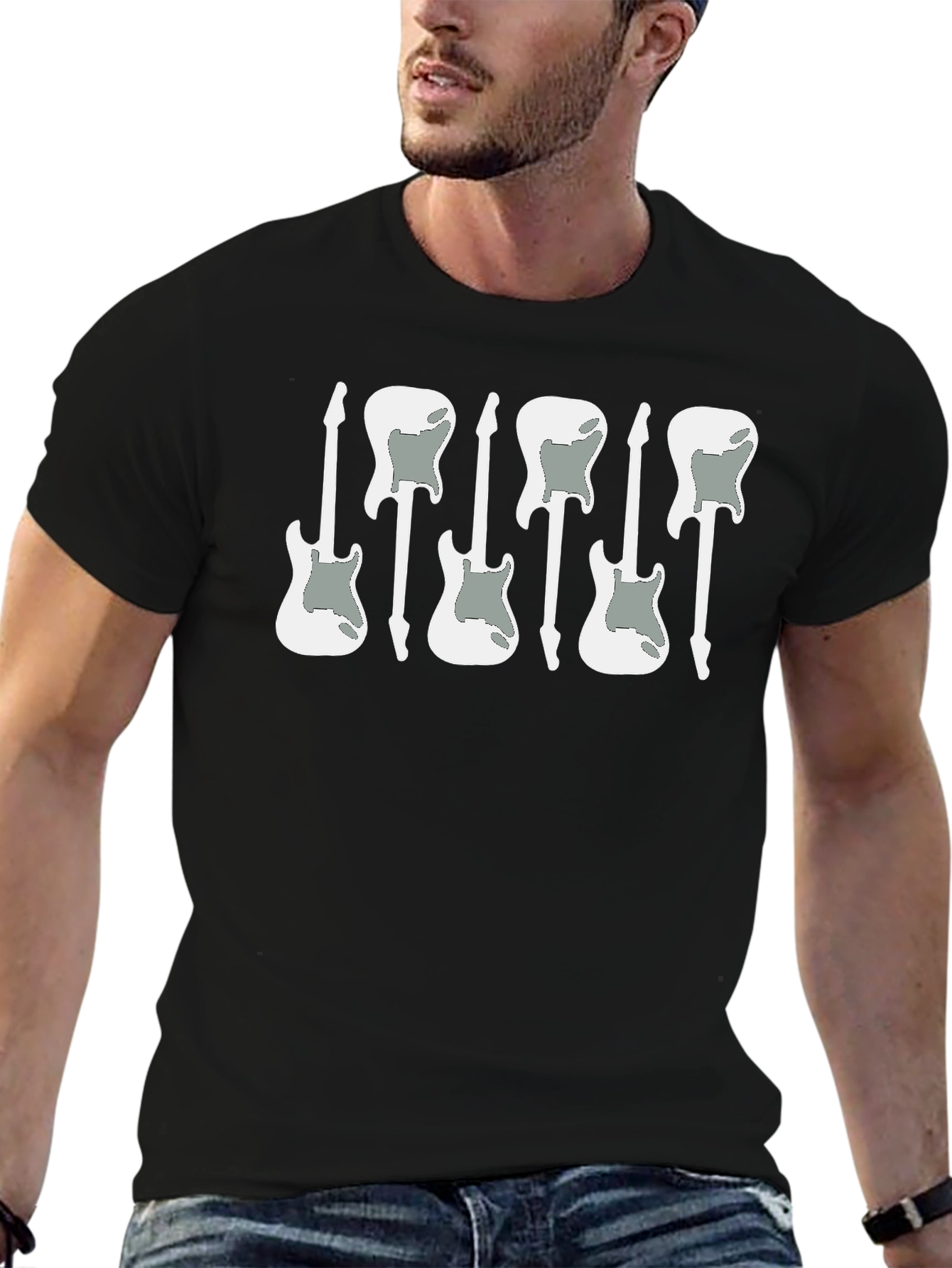Guitar Graphic T-Shirt - Black Cotton Blend Music Tee