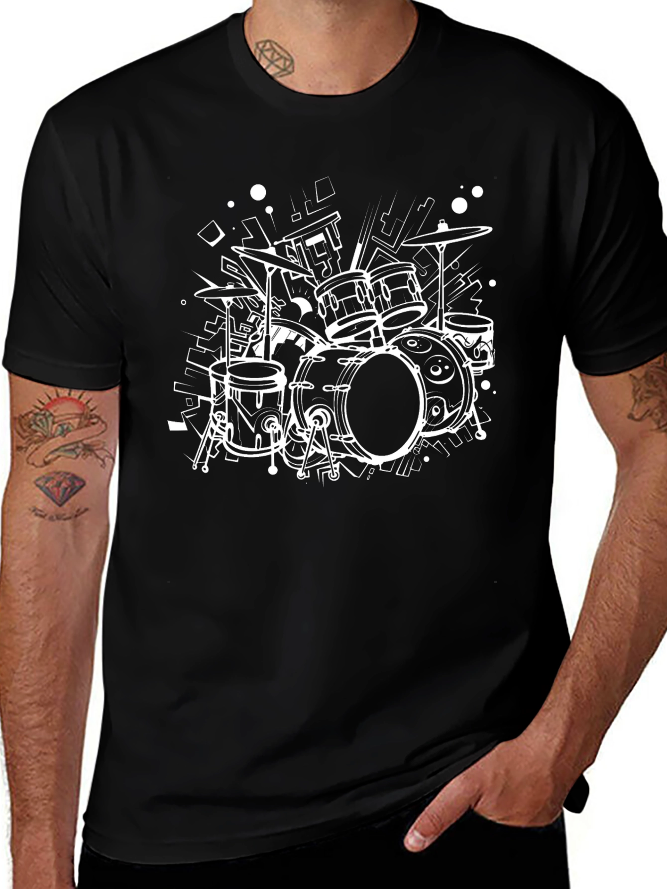 Drum Set Graphic Tee - Black Cotton T-Shirt