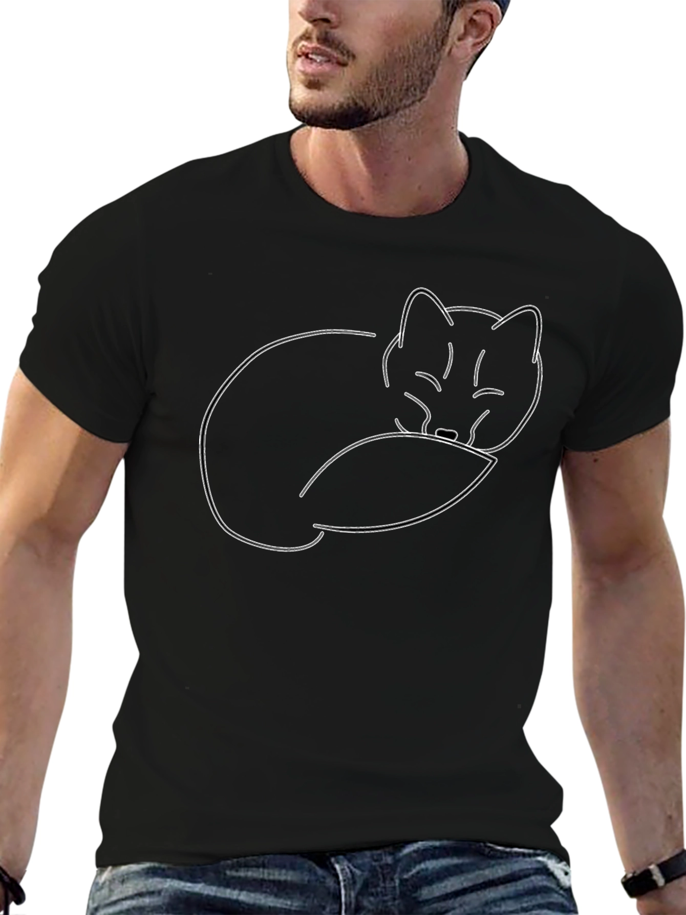 Minimalist Fox Outline Graphic Tee - Black