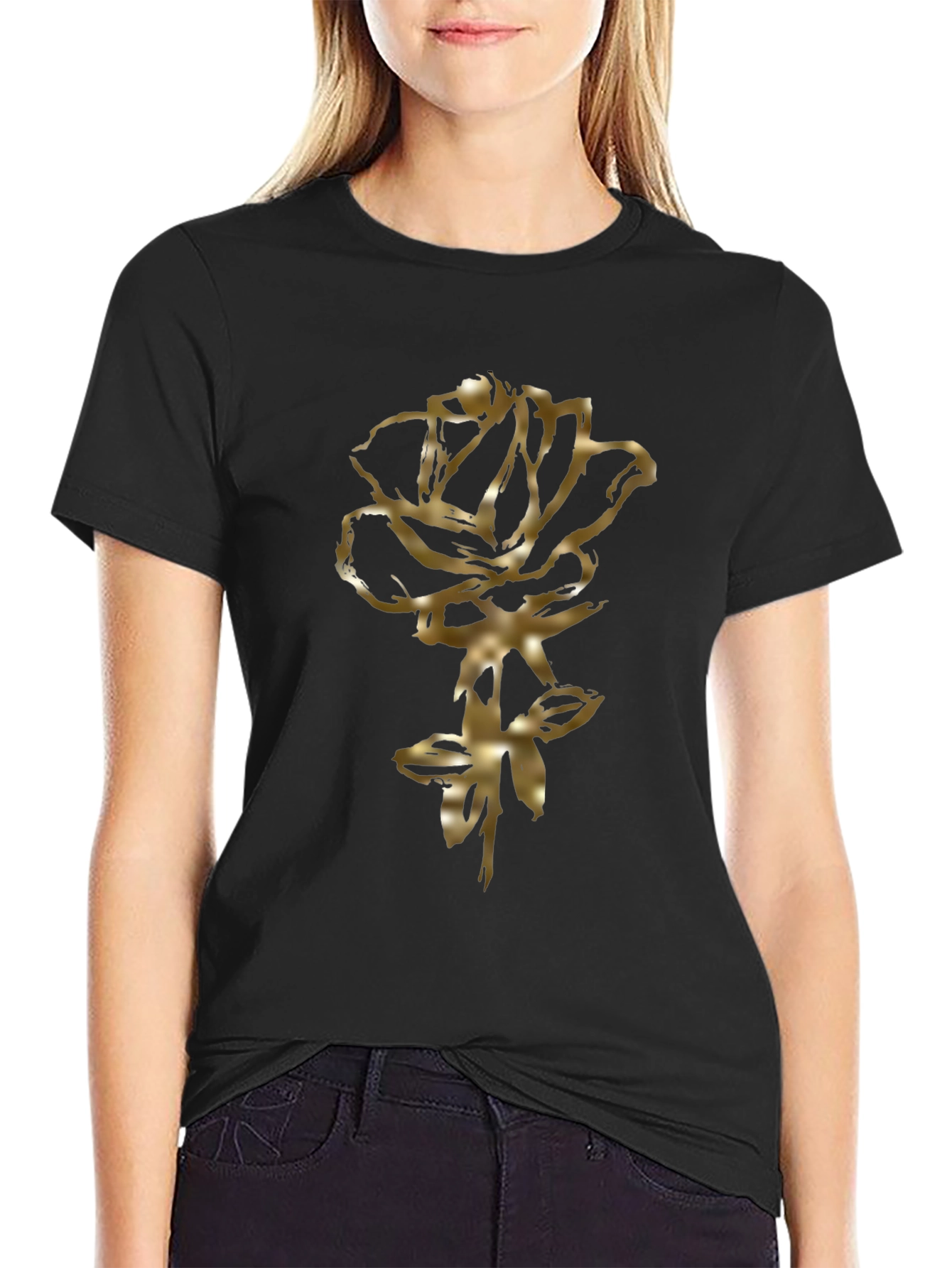 Golden Rose Graphic Black T-Shirt