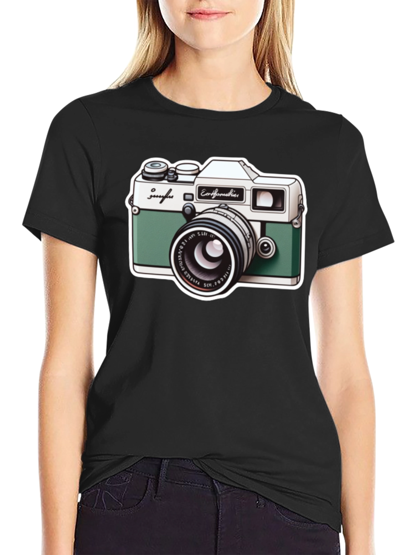 Retro Camera Graphic Tee - Black Cotton T-Shirt