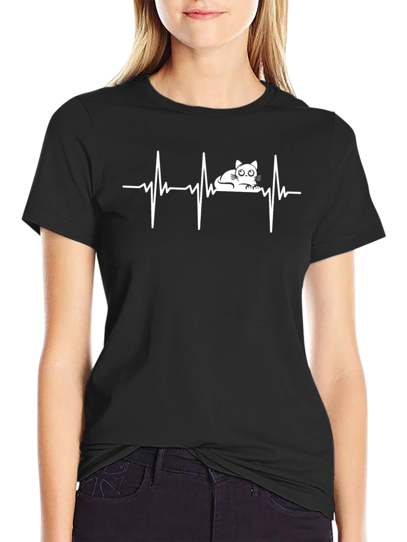 Cat ECG Heartbeat T-Shirt - Black Cotton Tee