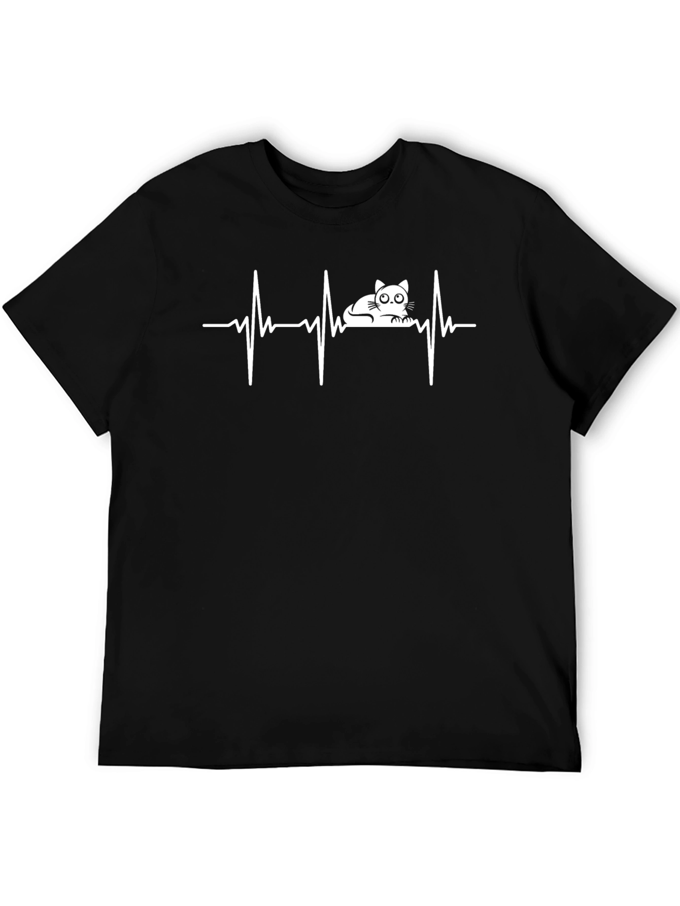 Cat ECG Heartbeat T-Shirt - Black Cotton Tee