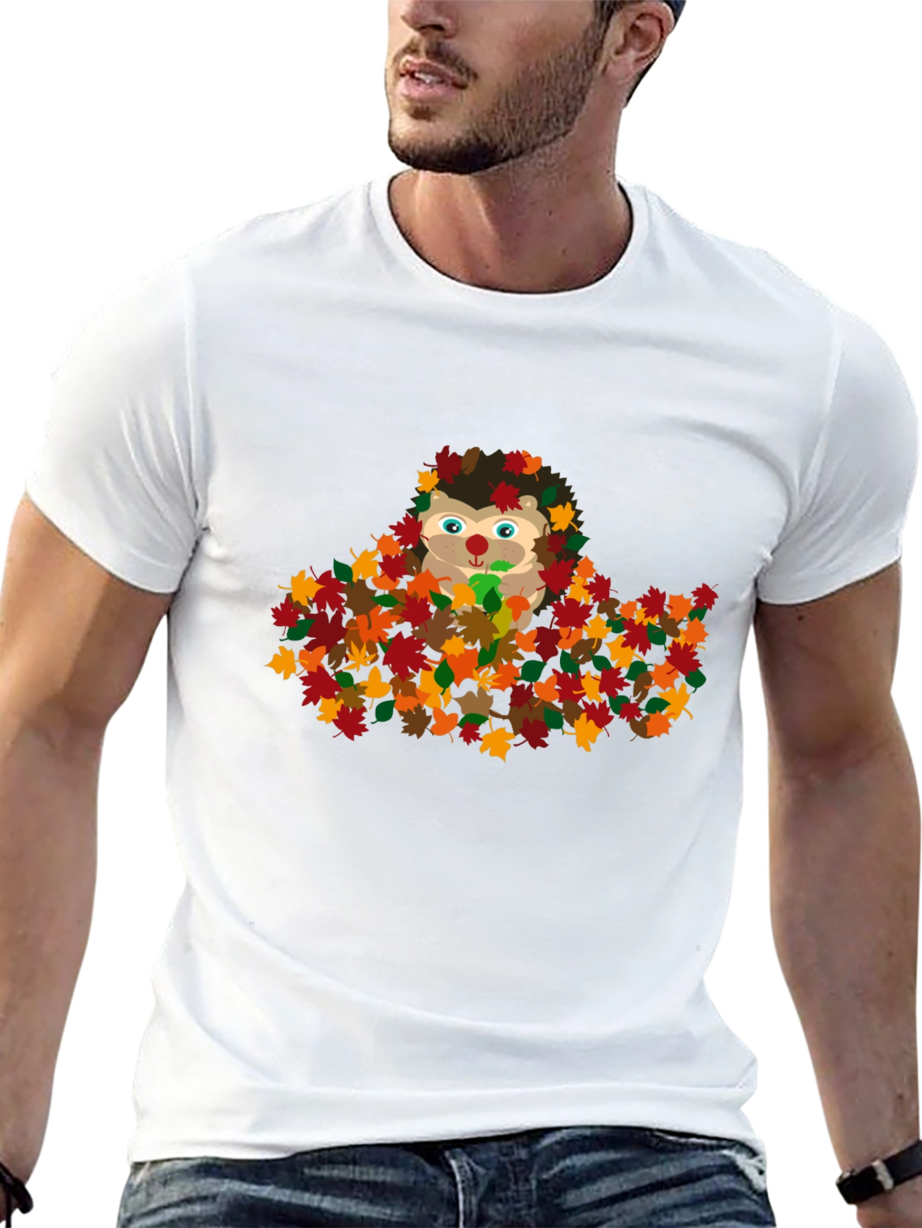 Cute Hedgehog in Fall Leaves Graphic T-Shirt