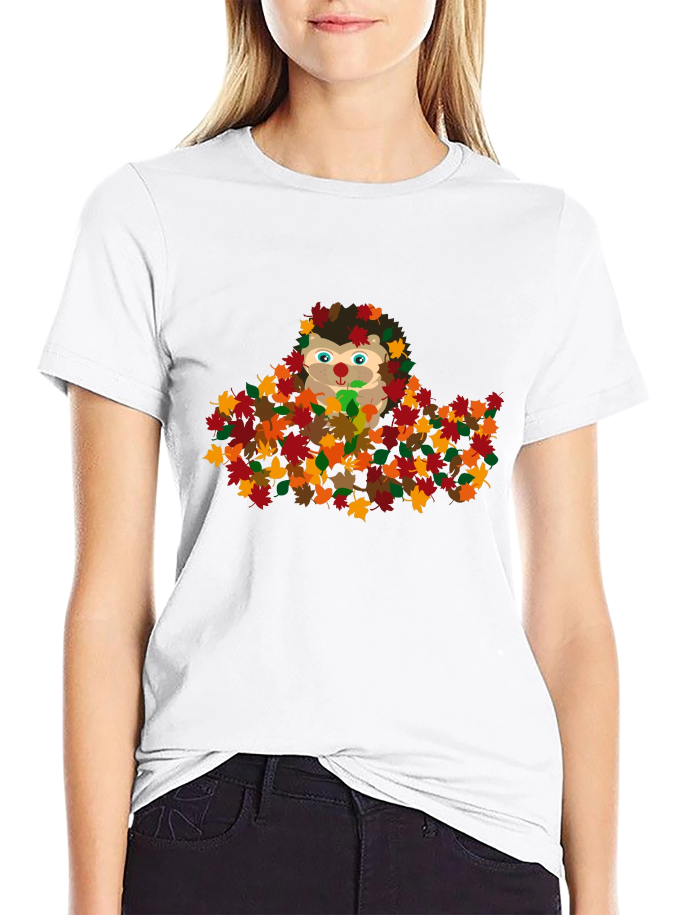 Cute Hedgehog in Fall Leaves Graphic T-Shirt