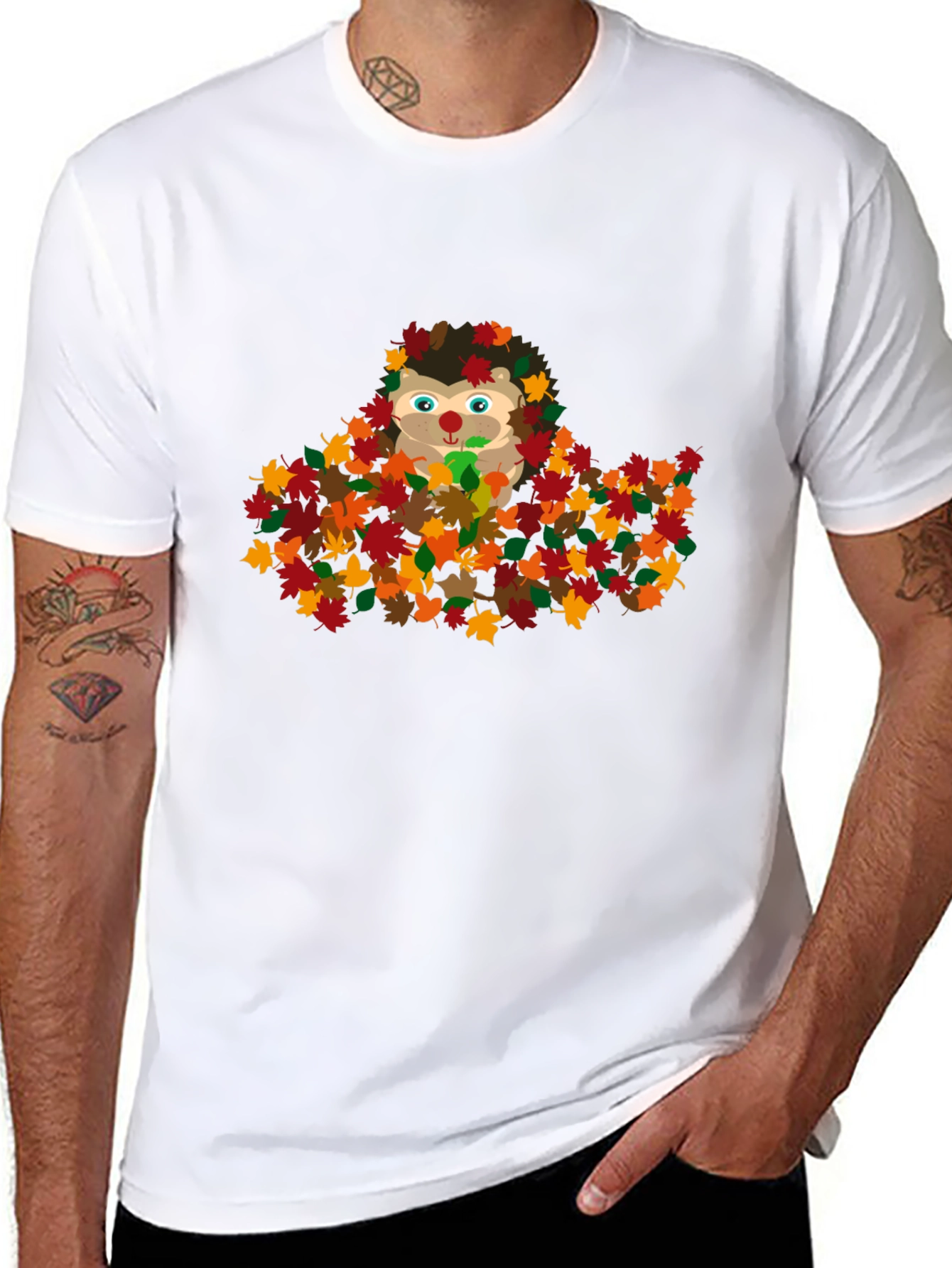 Cute Hedgehog in Fall Leaves Graphic T-Shirt