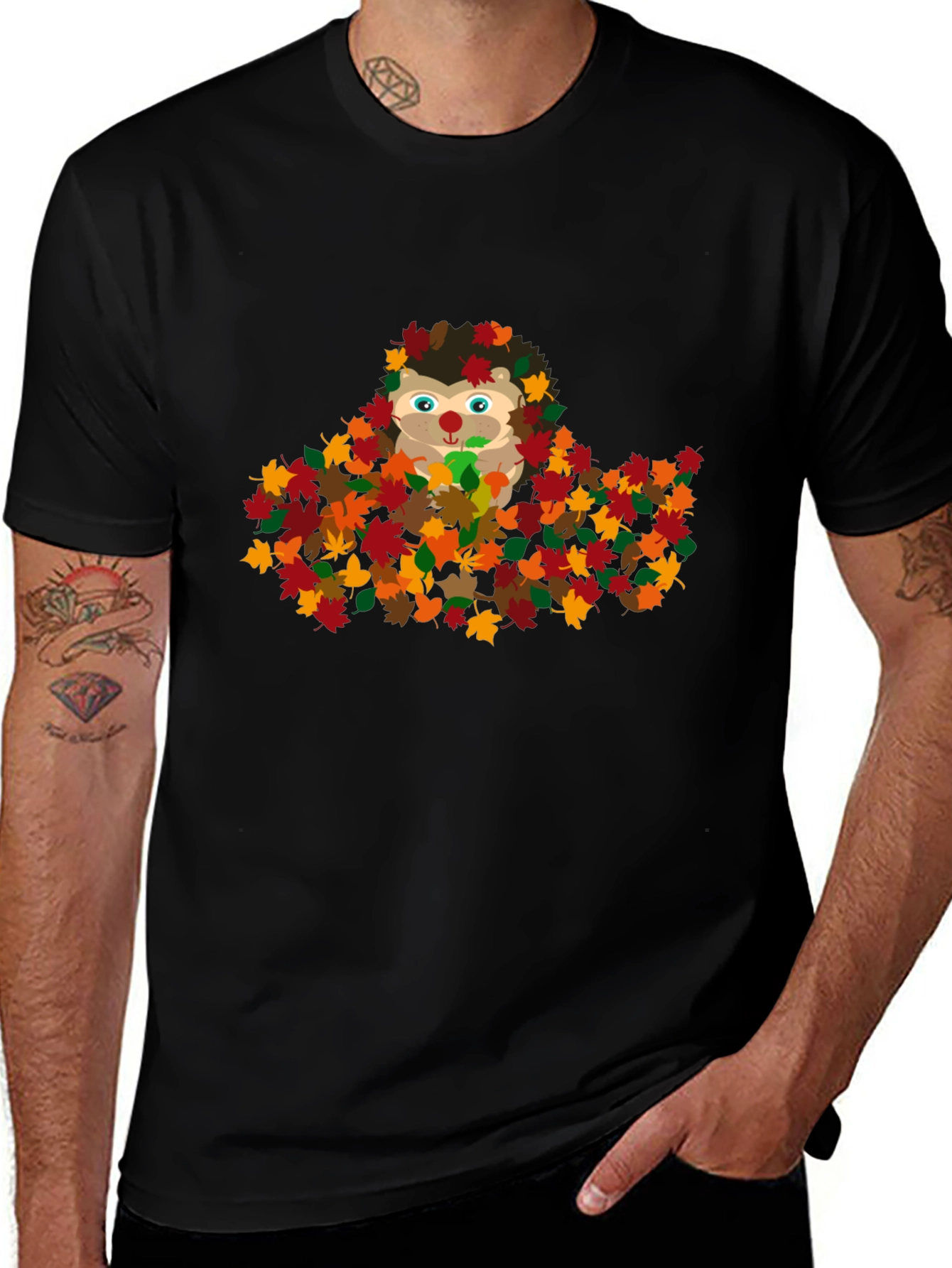 Cute Hedgehog in Fall Leaves Graphic T-Shirt
