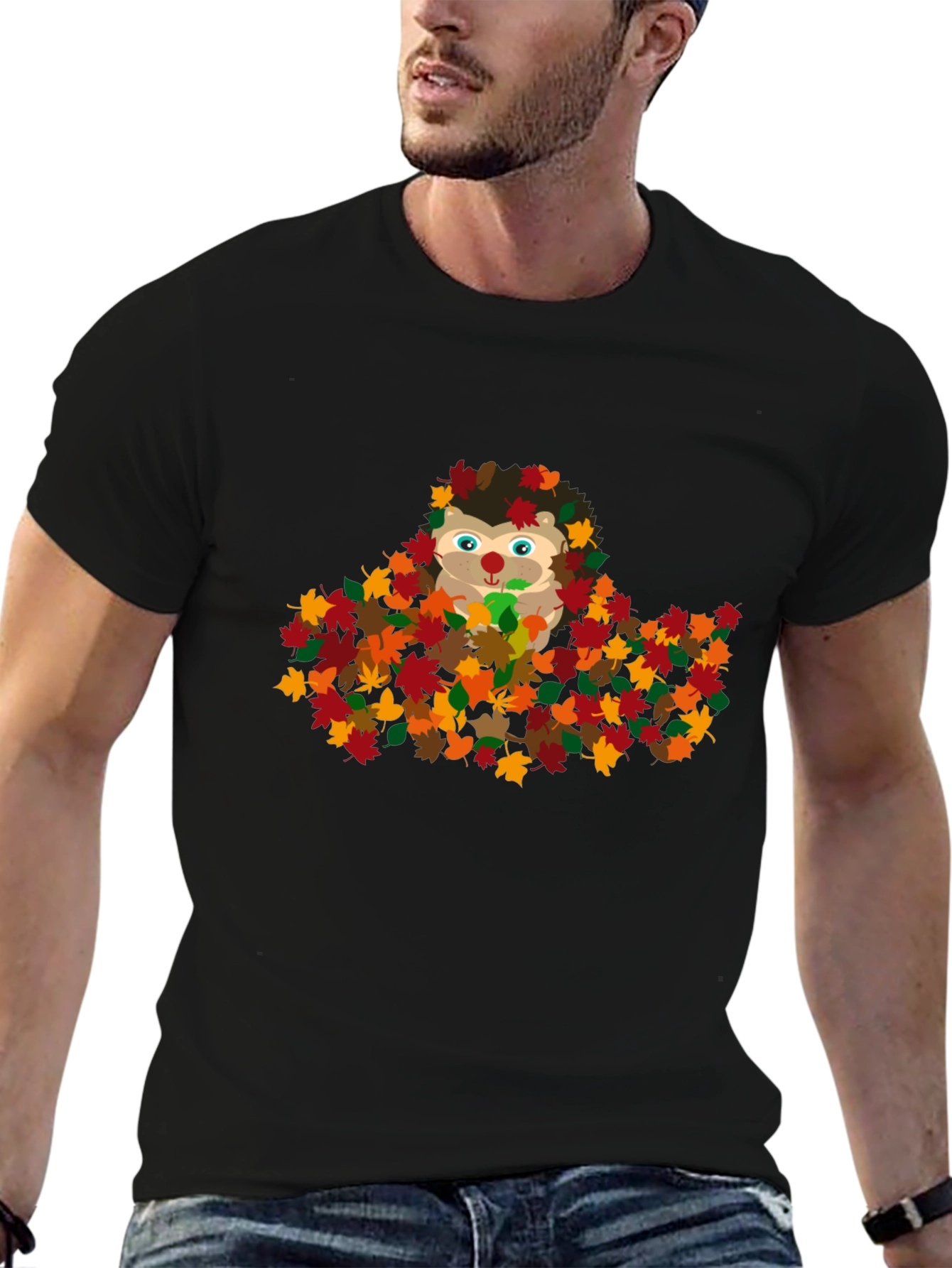 Cute Hedgehog in Fall Leaves Graphic T-Shirt