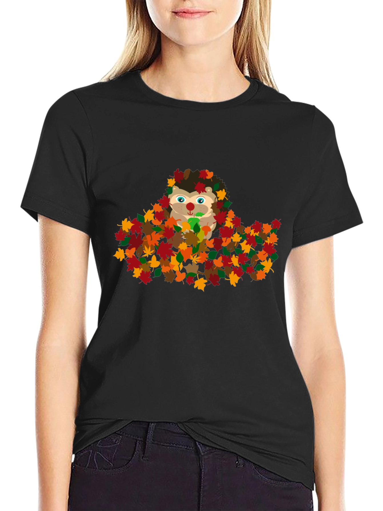 Cute Hedgehog in Fall Leaves Graphic T-Shirt