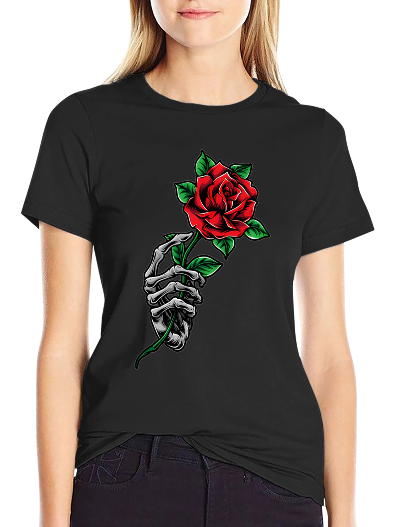 Rose Skeleton Hand Graphic Tee - Dark Aesthetic