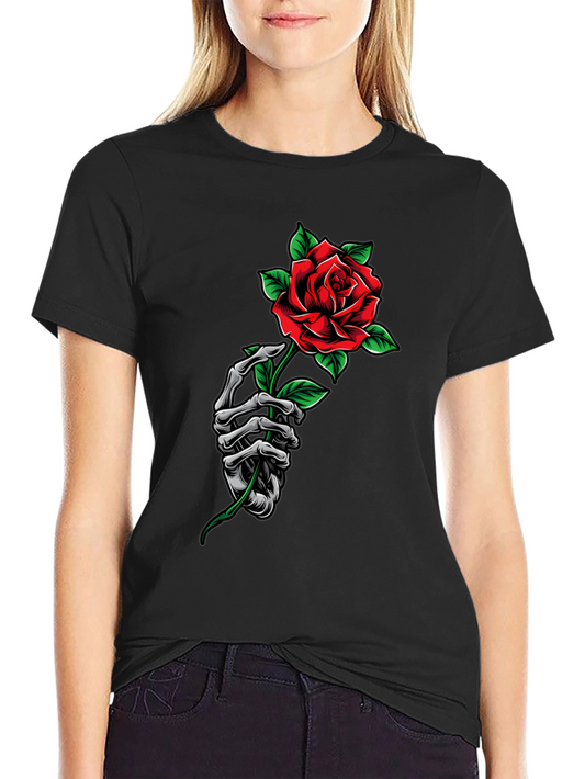 Rose Skeleton Hand Graphic Tee - Dark Aesthetic