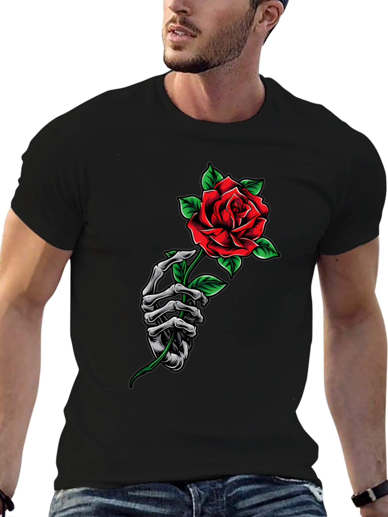 Rose Skeleton Hand Graphic Tee - Dark Aesthetic