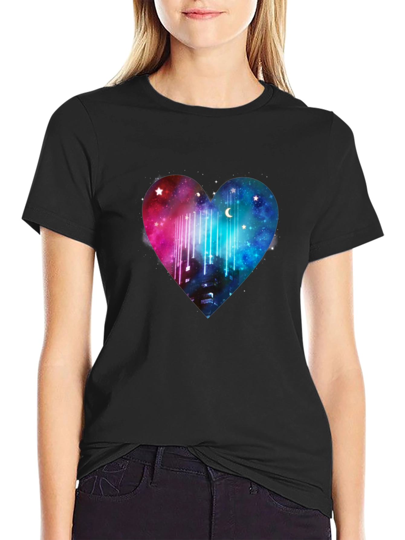 Galaxy Heart Graphic Tee - Black Cotton T-Shirt