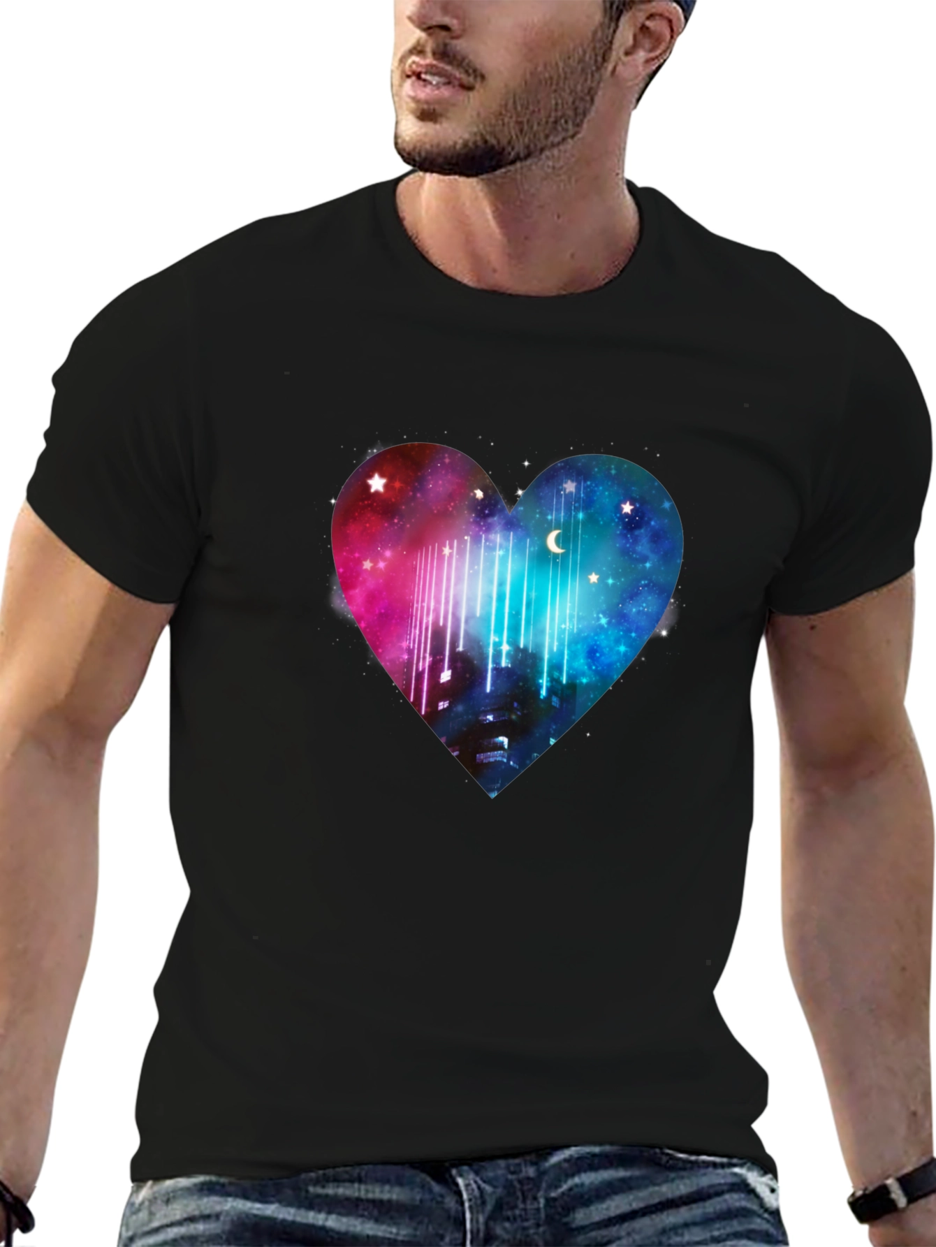 Galaxy Heart Graphic Tee - Black Cotton T-Shirt