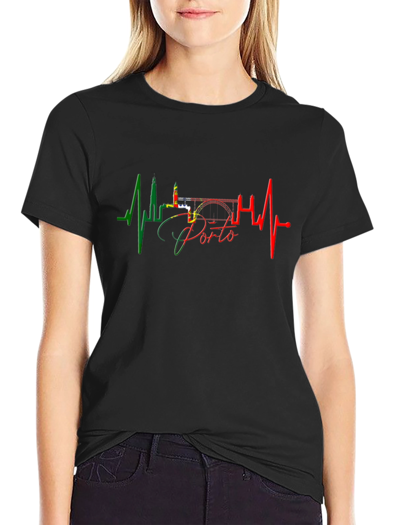 Porto Portugal Heartbeat Graphic Black T-Shirt