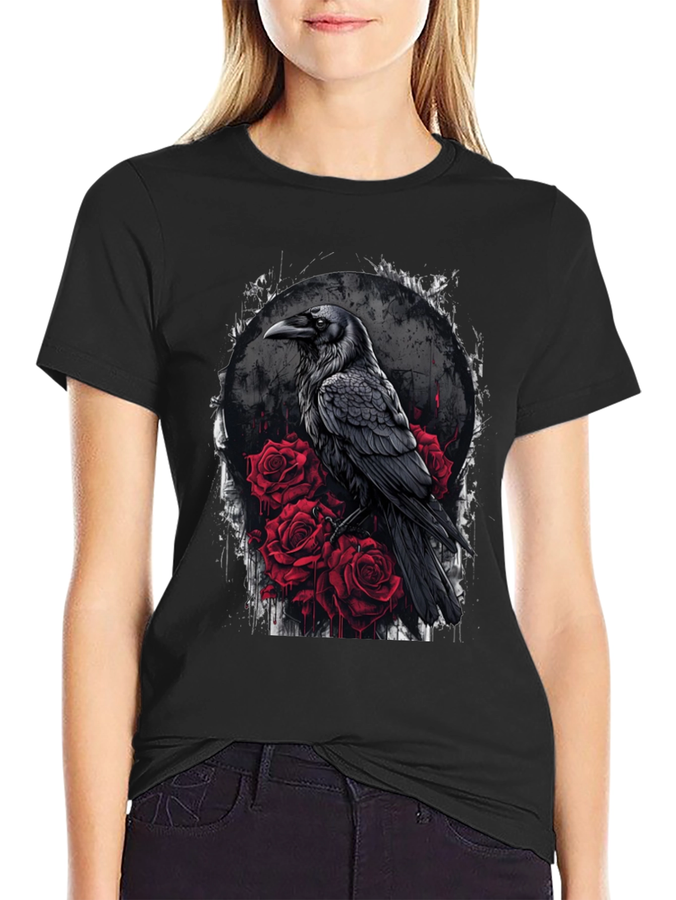 Raven and Roses Graphic Tee - Gothic Style