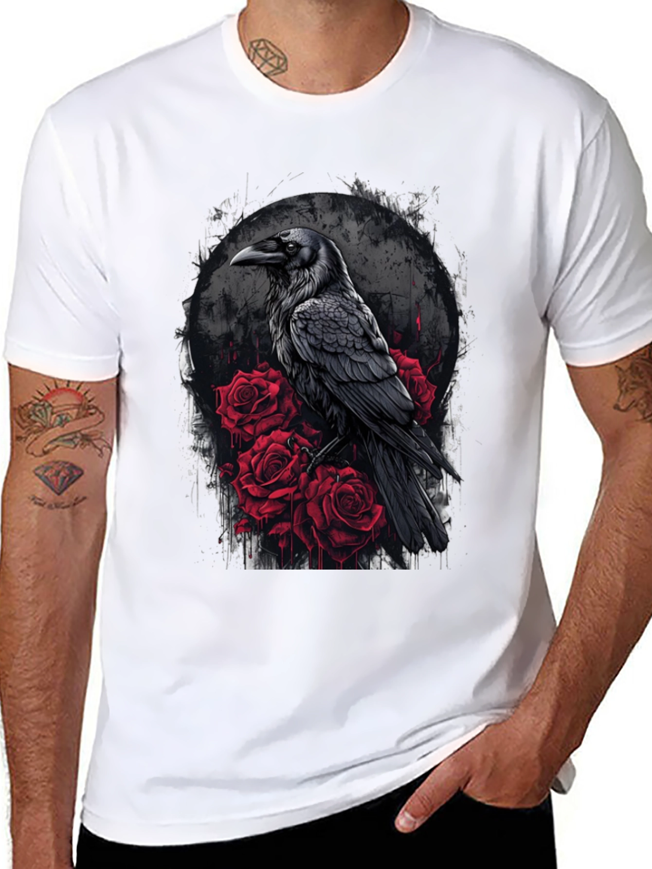 Raven and Roses Graphic Tee - Gothic Style