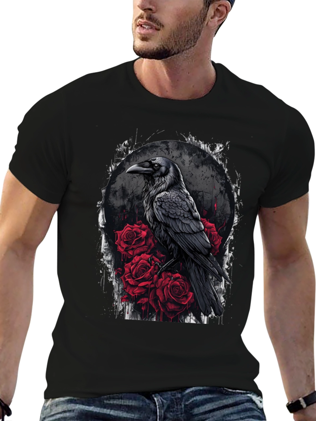 Raven and Roses Graphic Tee - Gothic Style