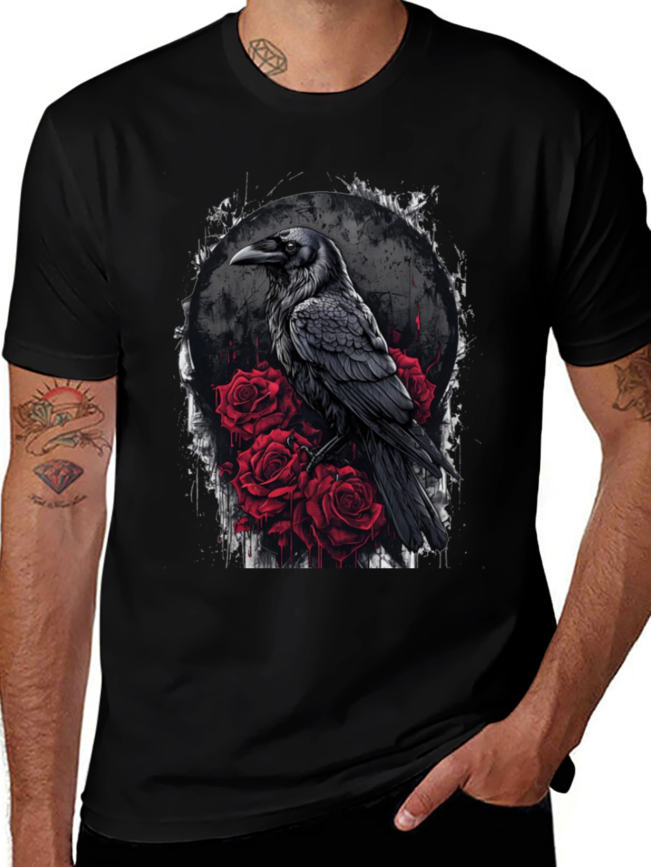 Raven and Roses Graphic Tee - Gothic Style
