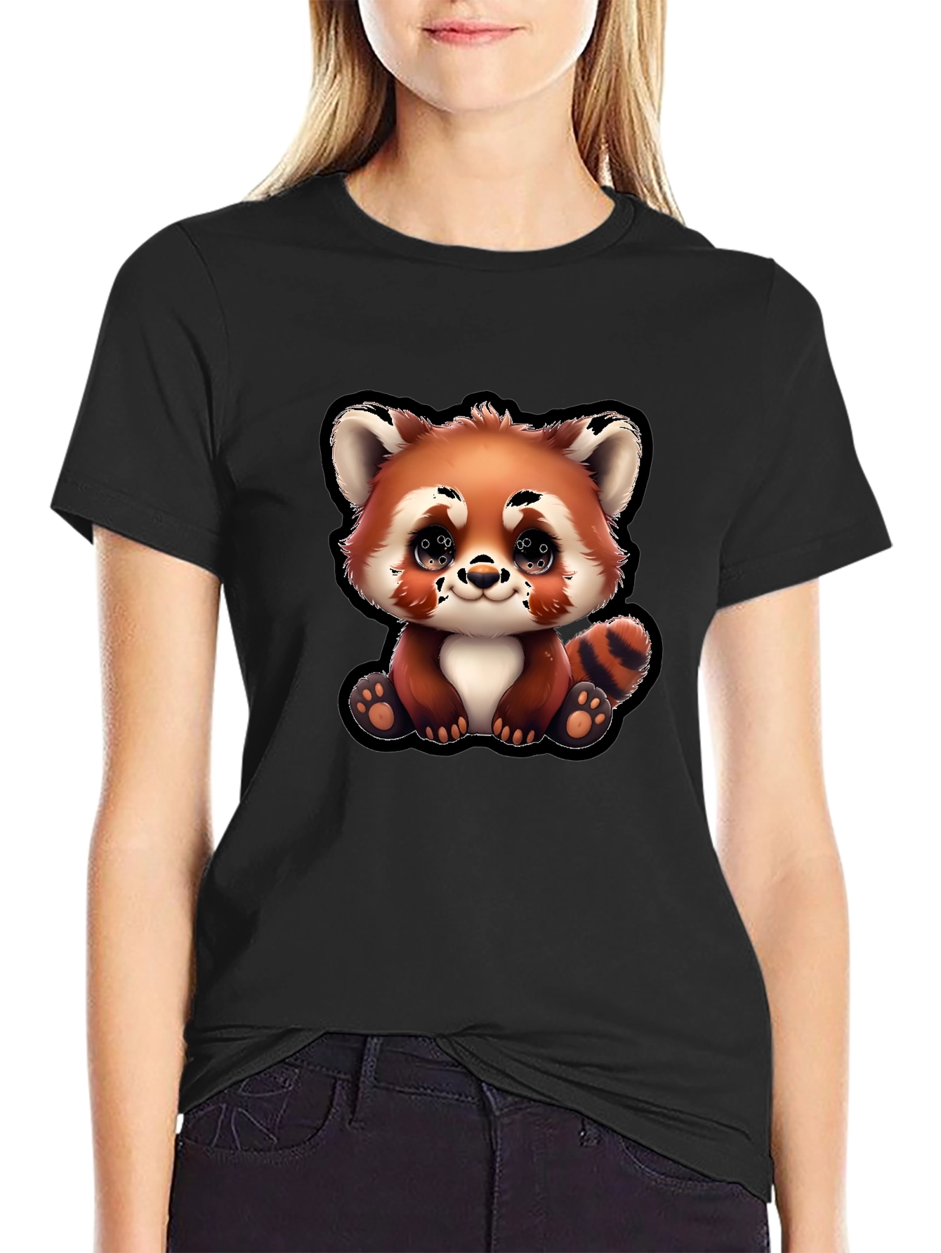 Cute Red Panda Cartoon Black T-Shirt