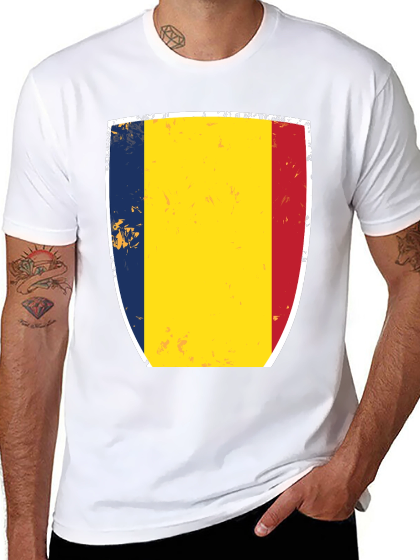 Romania Flag Shield T-Shirt - Black Cotton Tee