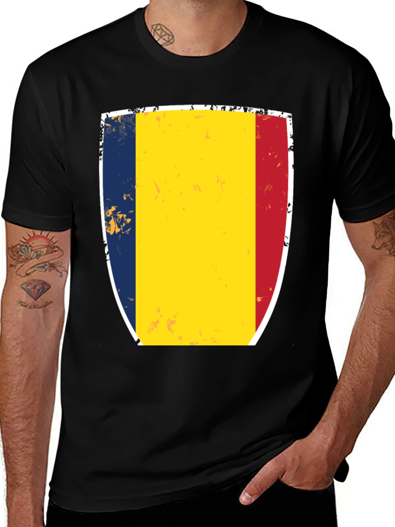 Romania Flag Shield T-Shirt - Black Cotton Tee