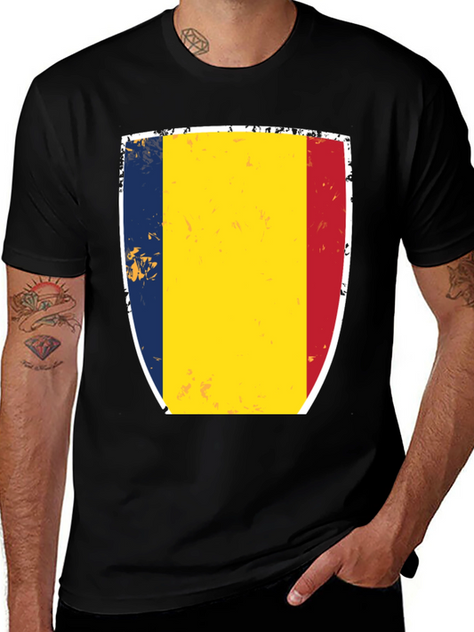 Romania Flag Shield T-Shirt - Black Cotton Tee