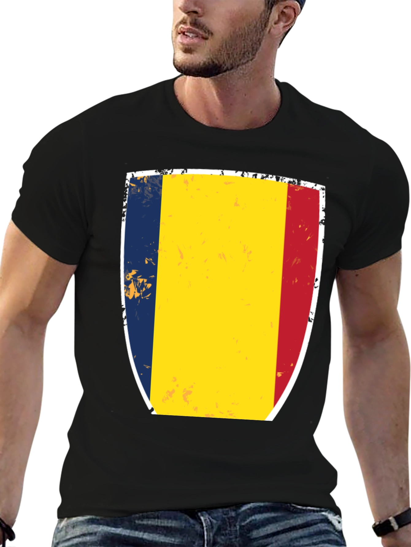 Romania Flag Shield T-Shirt - Black Cotton Tee