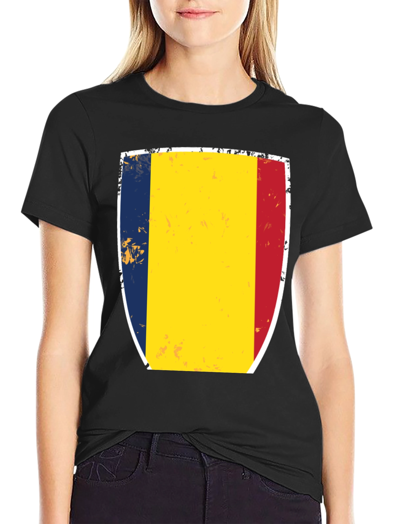 Romania Flag Shield T-Shirt - Black Cotton Tee