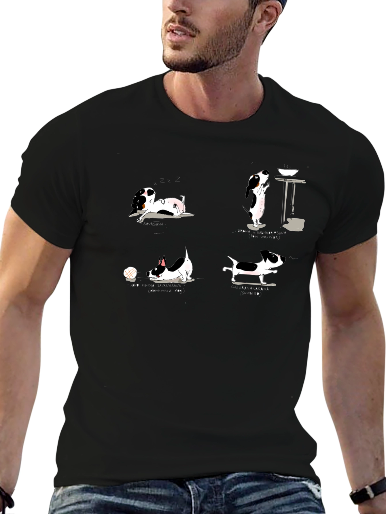 Dog Cartoon Print Black Cotton T-Shirt