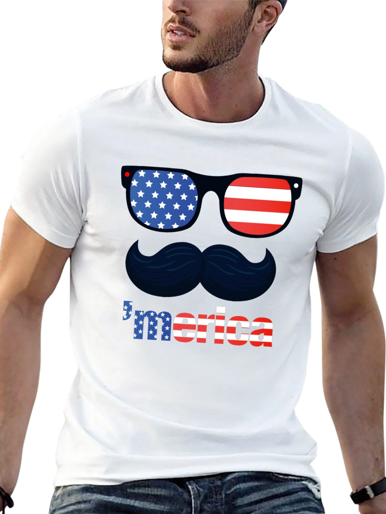 Patriotic Merica T-Shirt - Sunglasses & Mustache Design
