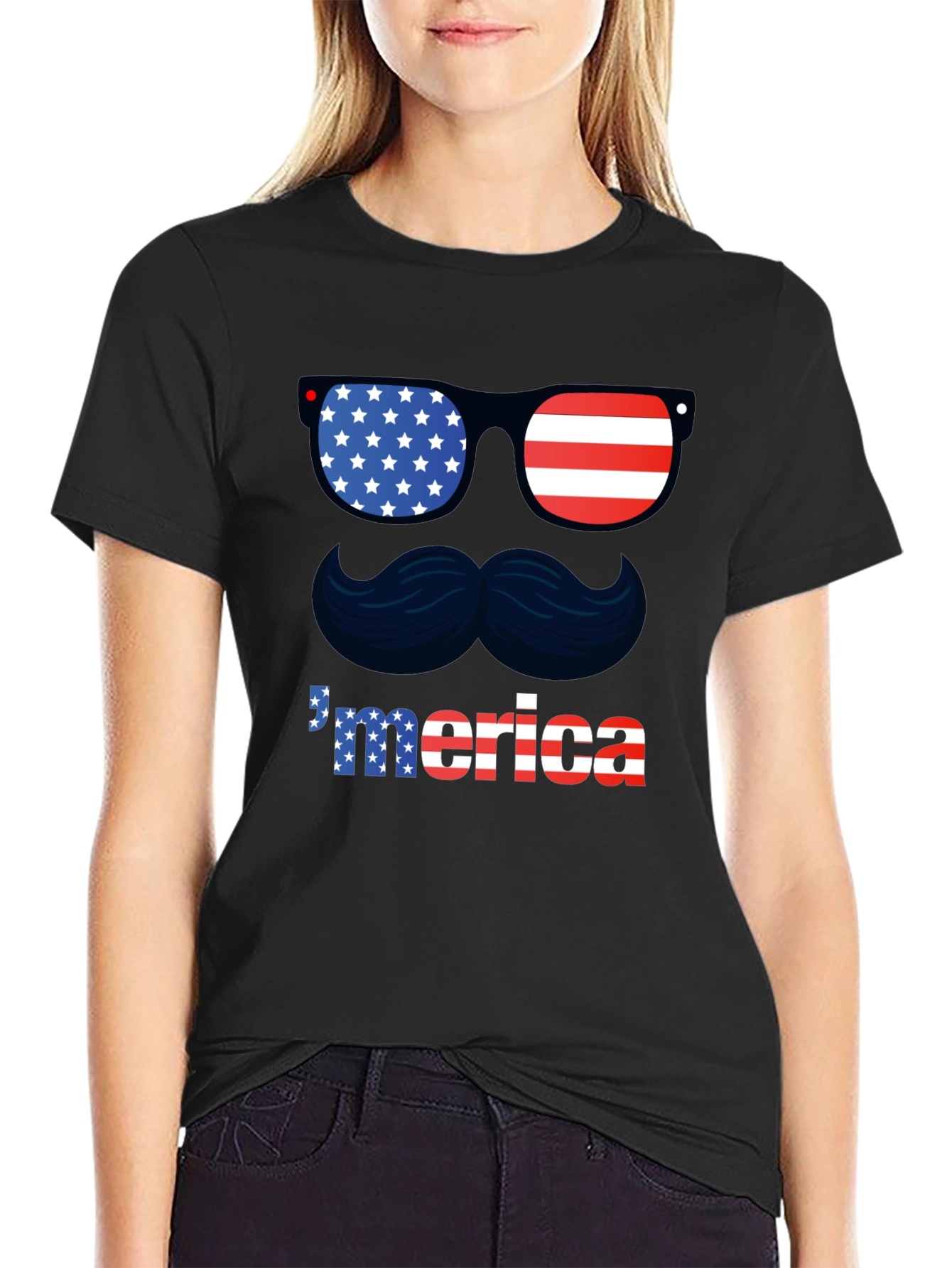 Patriotic Merica T-Shirt - Sunglasses & Mustache Design