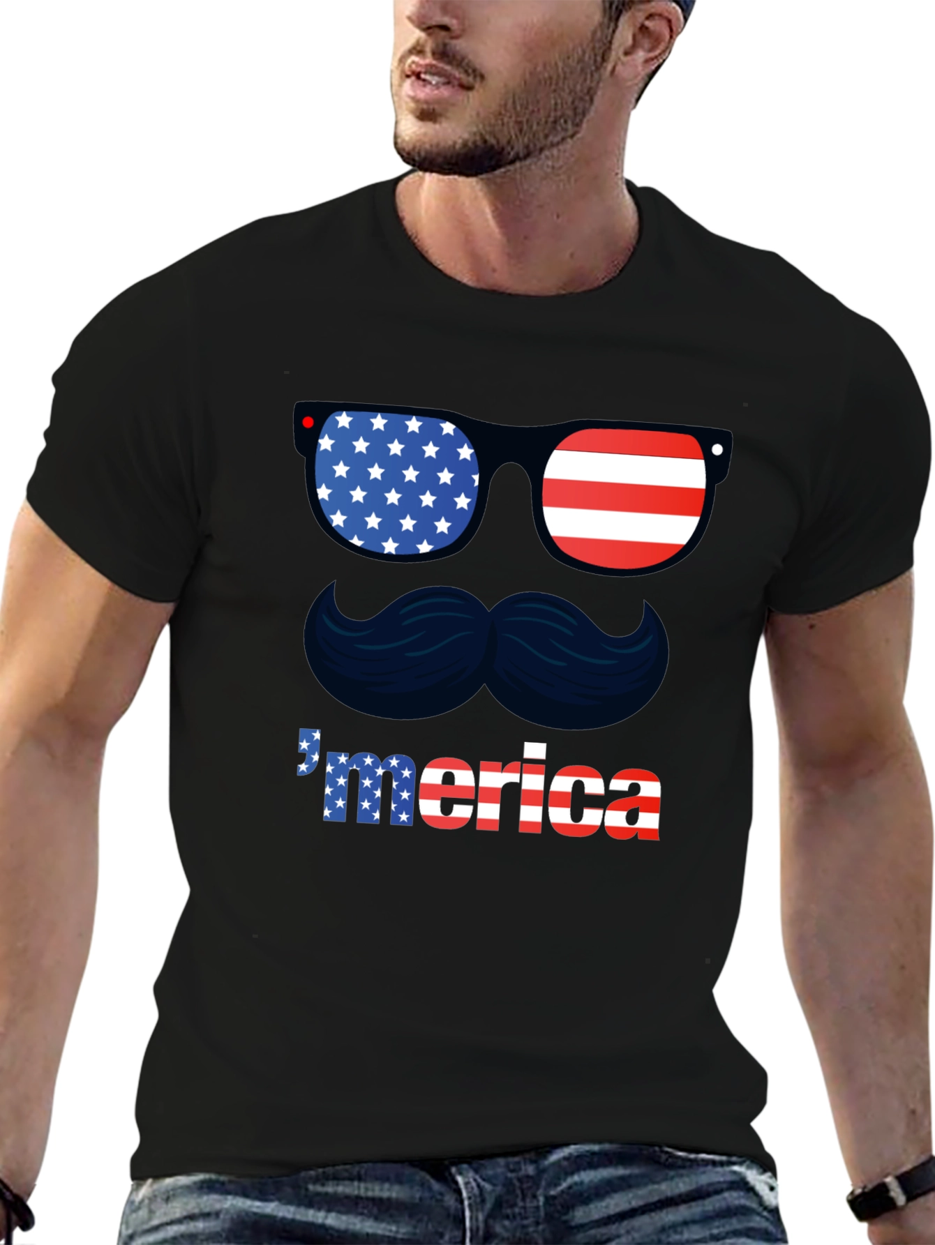 Patriotic Merica T-Shirt - Sunglasses & Mustache Design