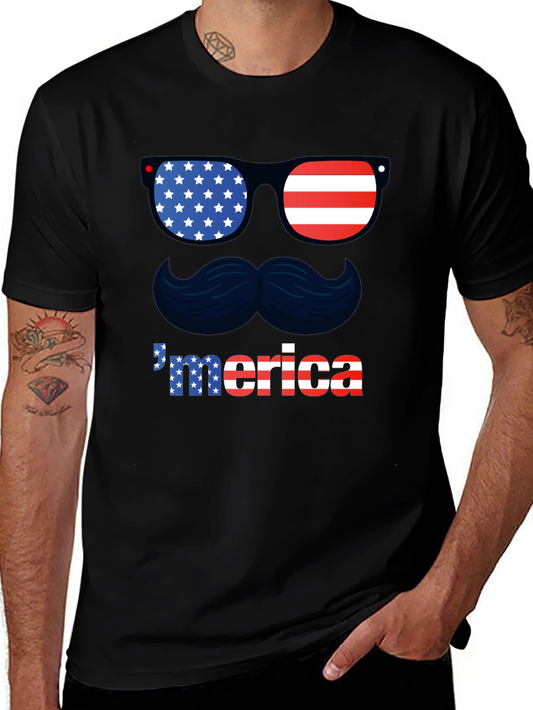 Patriotic Merica T-Shirt - Sunglasses & Mustache Design