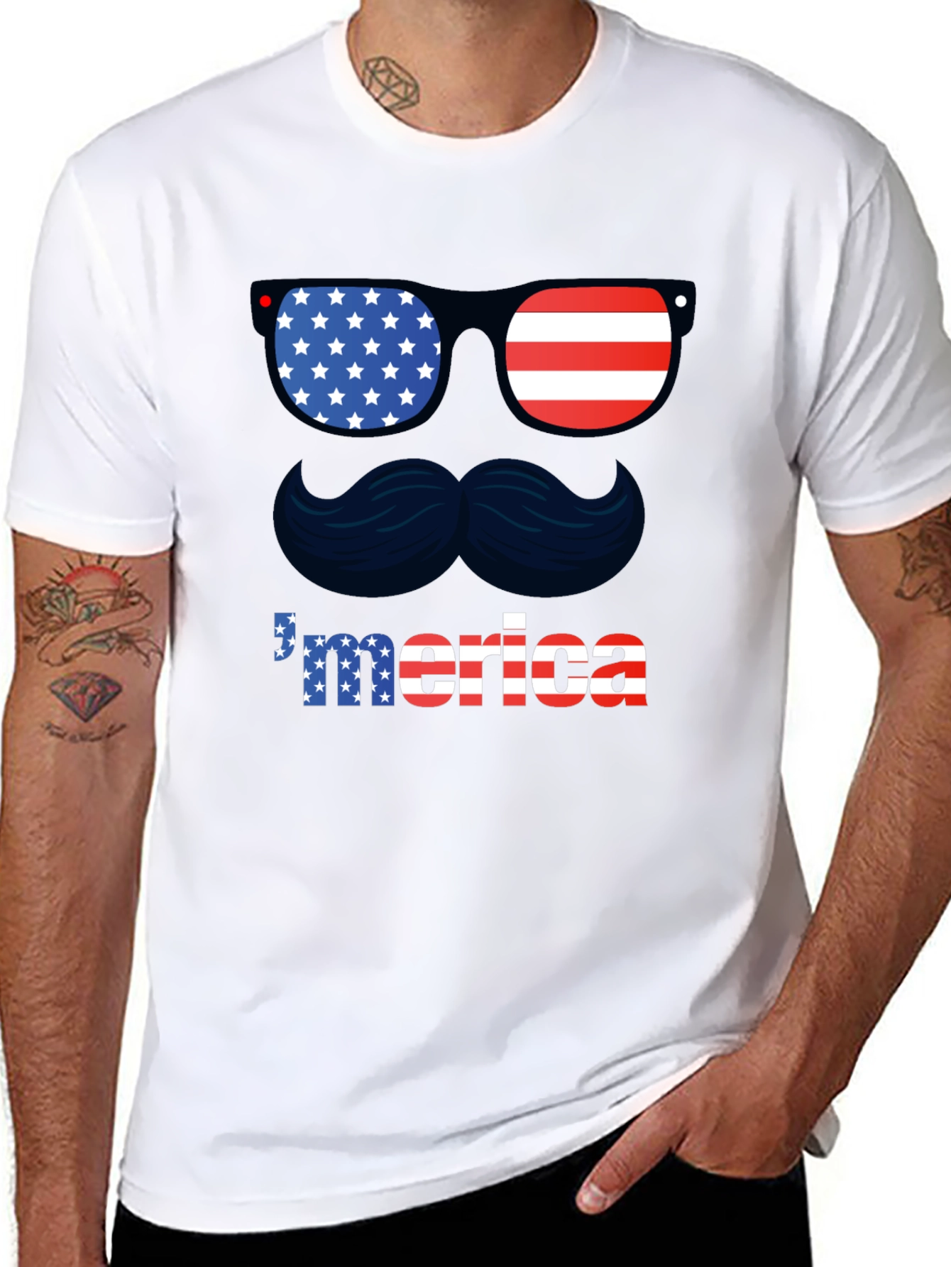 Patriotic Merica T-Shirt - Sunglasses & Mustache Design