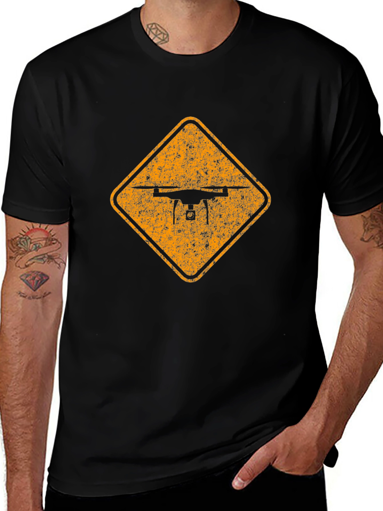 Drone Crossing Sign - Mens Black Graphic Tee