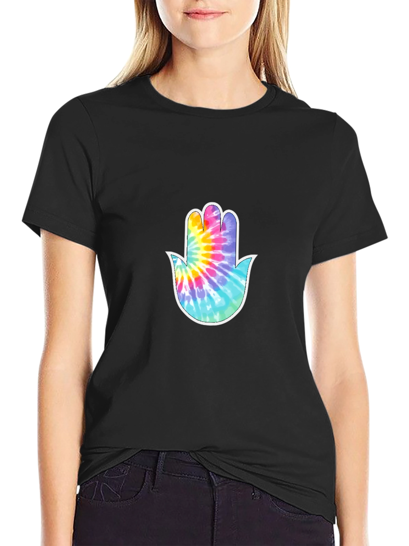Tie-Dye Hamsa Hand Graphic Tee - Black