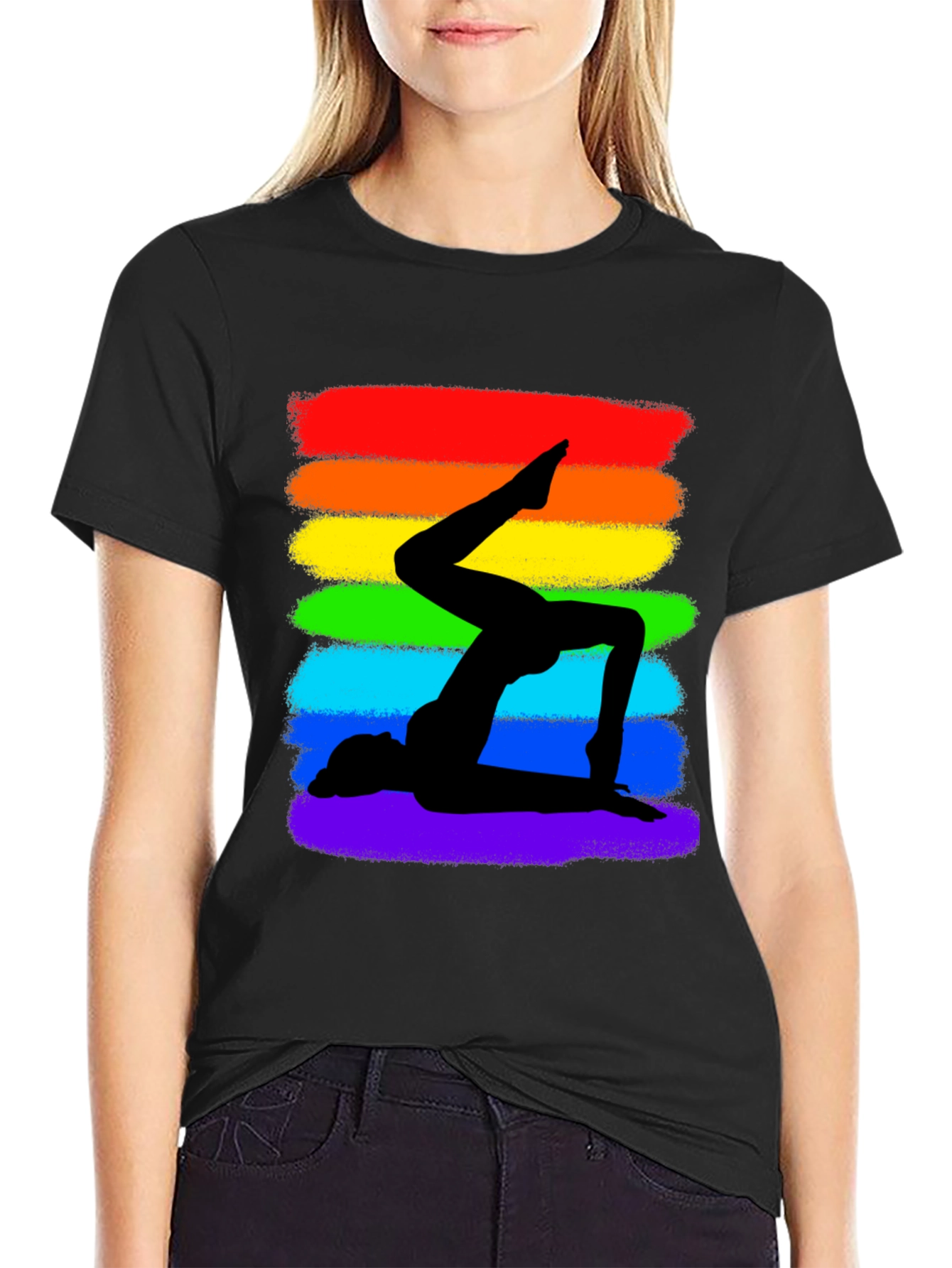 Rainbow Yoga Silhouette Graphic Tee - Black