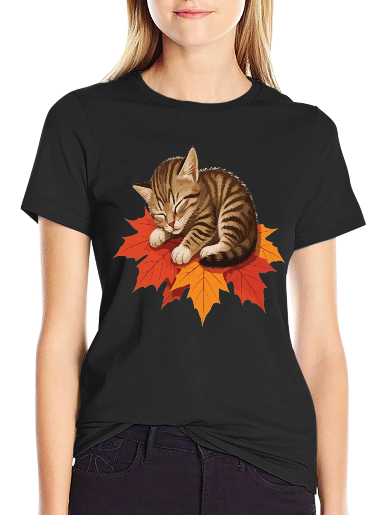 Cute Cat on Leaves Graphic Tee