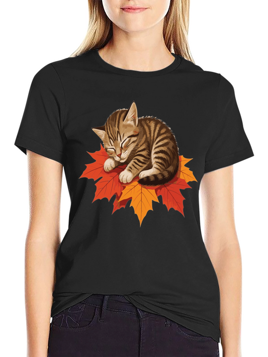 Cute Cat on Leaves Graphic Tee