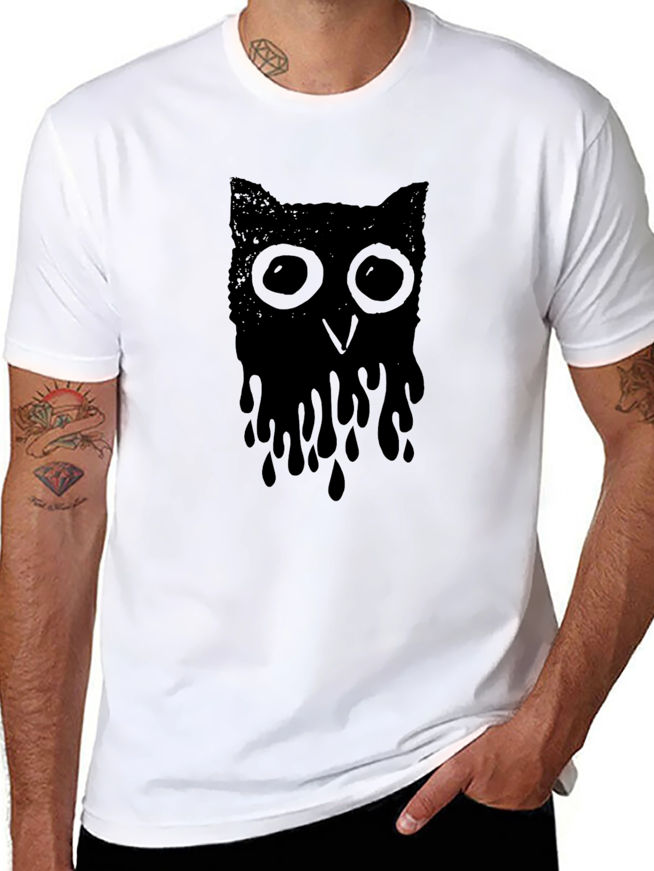 Melting Owl Graphic Tee - Black Crew Neck T-Shirt