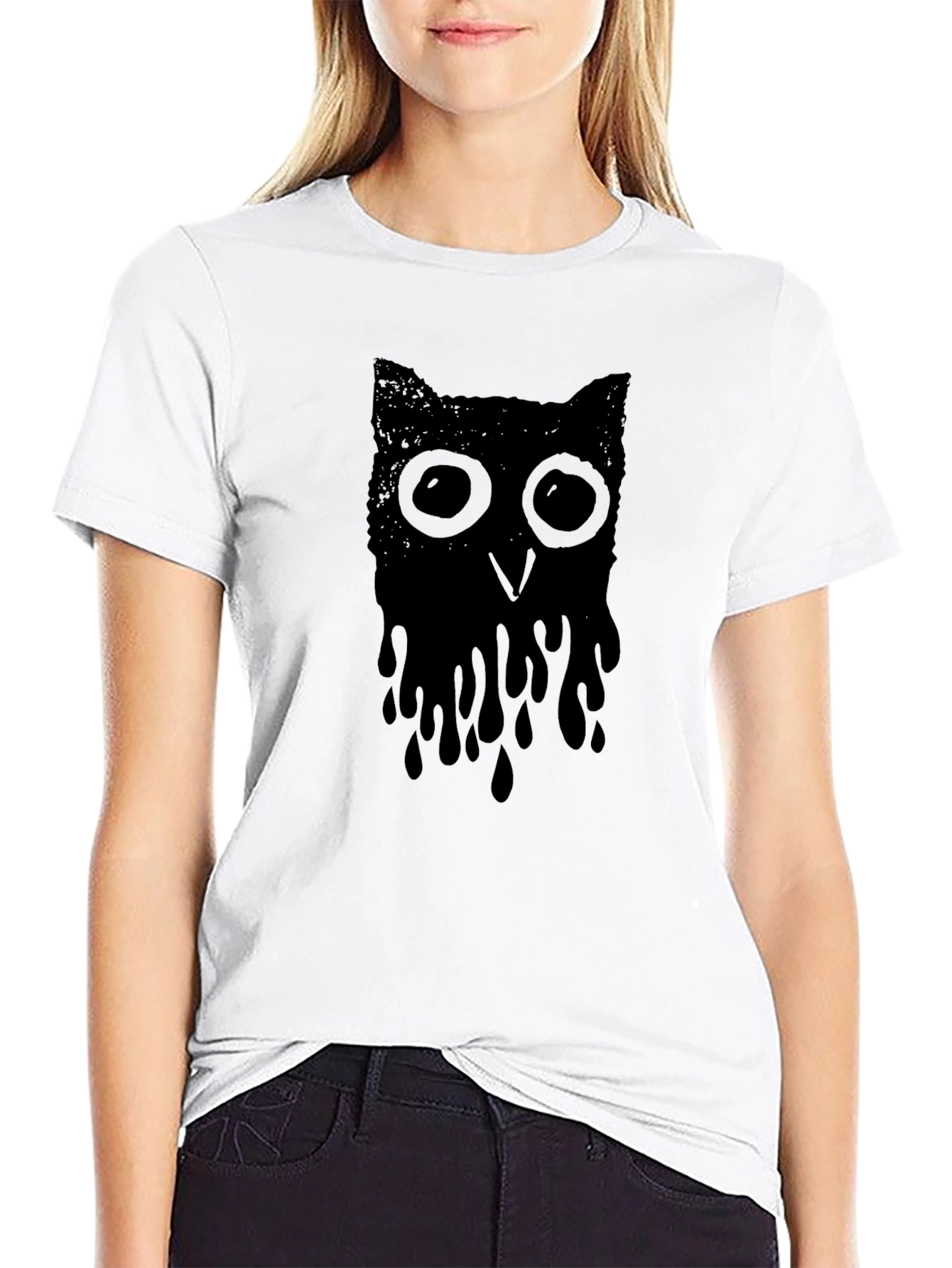 Melting Owl Graphic Tee - Black Crew Neck T-Shirt