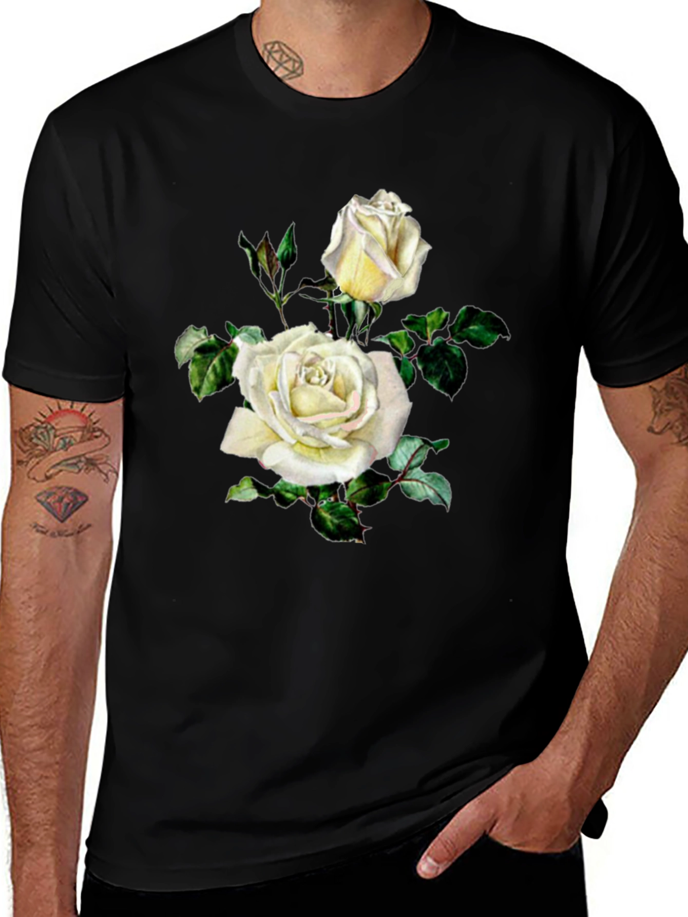 Elegant White Rose Graphic Black T-Shirt